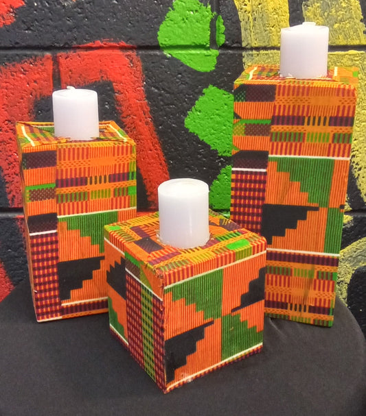 Set of 3 African Kente Cloth covered Tea Light candle holders